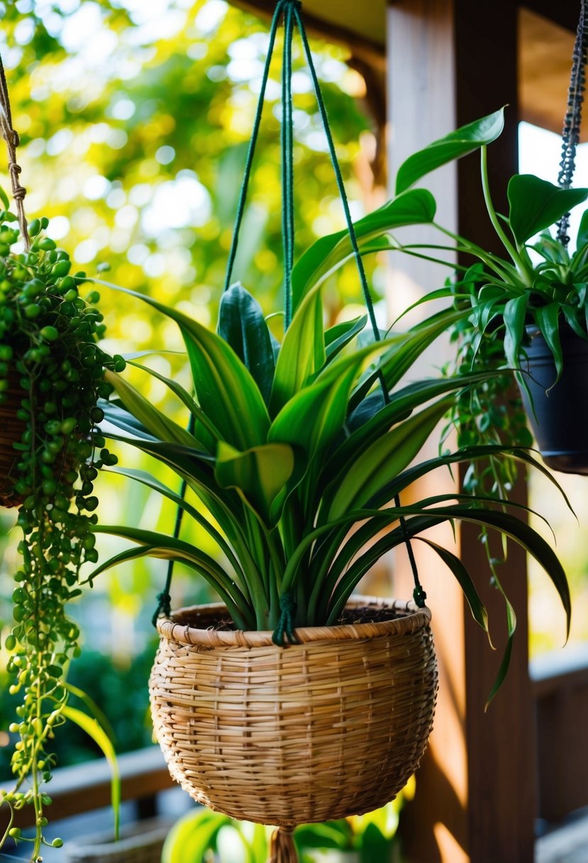 A spider plant hangs in a woven basket, surrounded by other hanging plants. The sun casts dappled shadows on the green foliage