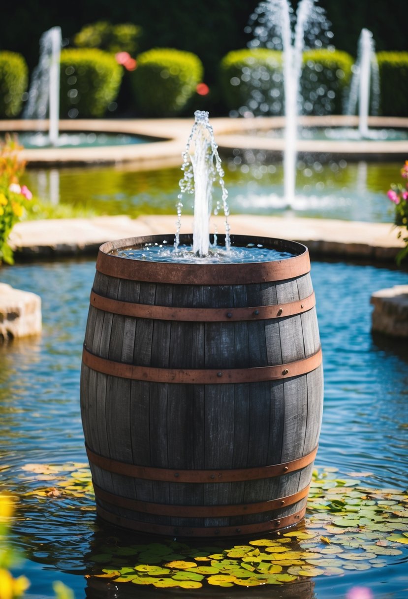 A rustic barrel fountain surrounded by 32 garden ponds with fountains