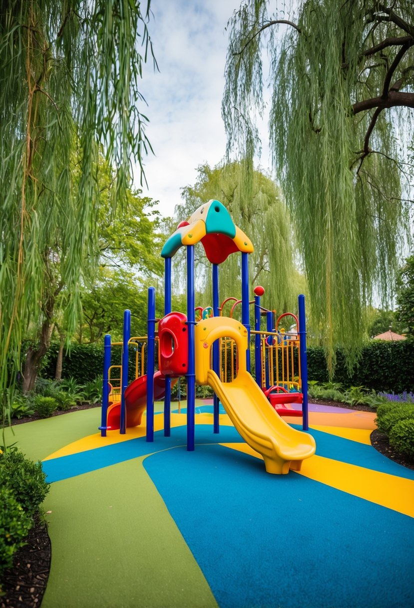 A colorful playground surrounded by lush gardens and willow trees at the Willow Wisp Toddler Zone
