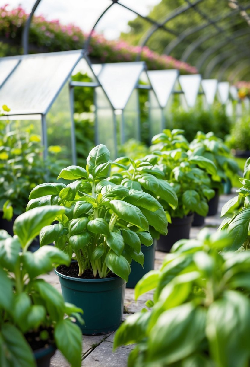 A variety of basil plants flourishing in 28 gardens with greenhouses