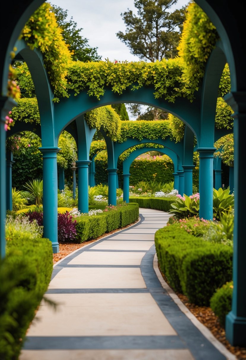 A winding walkway lined with arches leads through 32 lush gardens