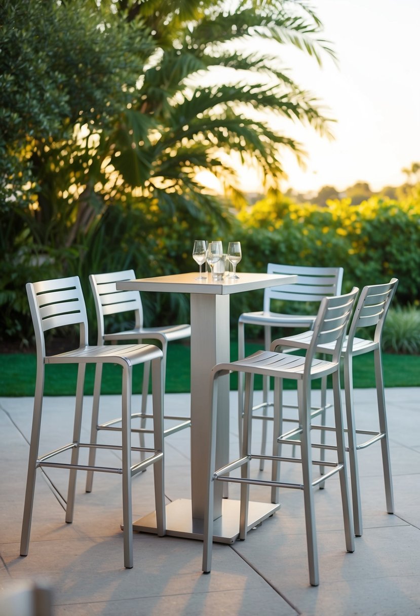 A group of aluminum bar stools arranged around a sleek patio bar, set against a backdrop of lush greenery and warm sunlight