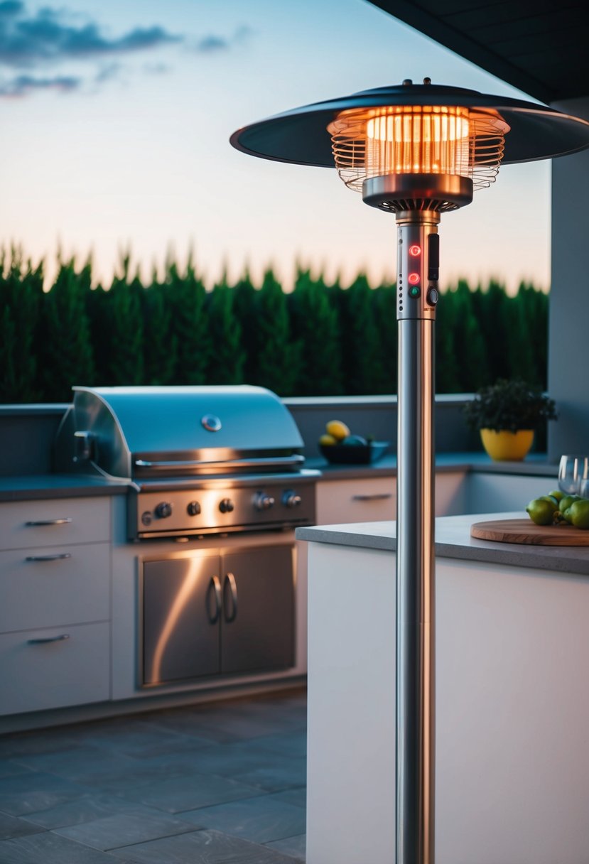 A sleek infrared patio heater illuminates a modern outdoor kitchen with clean lines and minimalist design