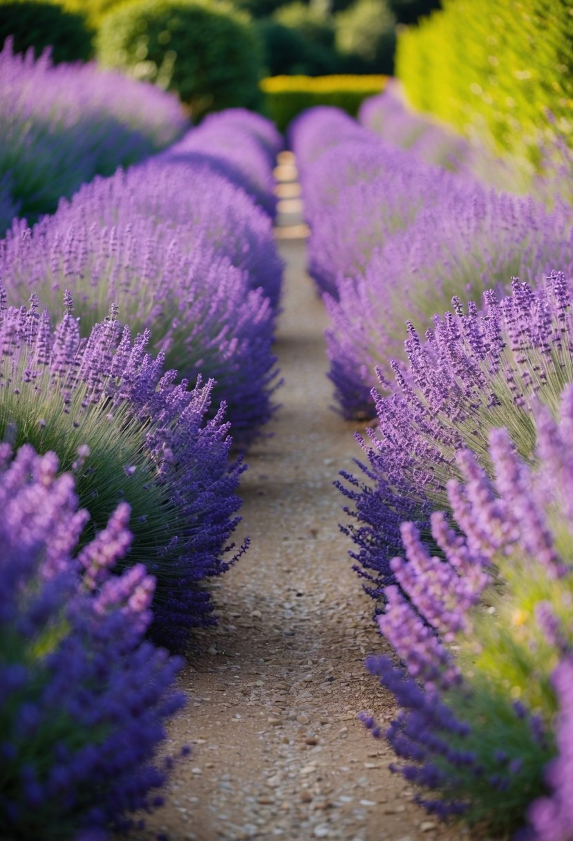 A path lined with English lavender bushes leads through a garden filled with vibrant purple blooms