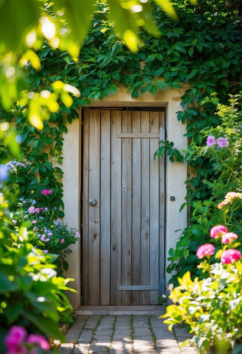 A weathered wooden door stands in a lush garden, surrounded by vibrant flowers and greenery. Sunshine filters through the leaves, casting dappled shadows on the rustic entrance