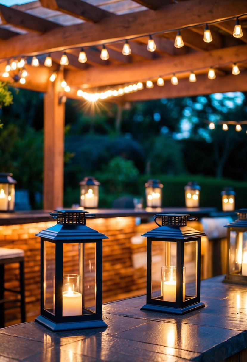 A patio bar adorned with solar-powered lanterns illuminating the space, creating a warm and inviting ambiance for guests to enjoy
