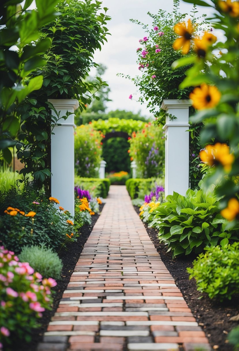 A brick walkway winds through a garden entrance, flanked by lush greenery and colorful flowers