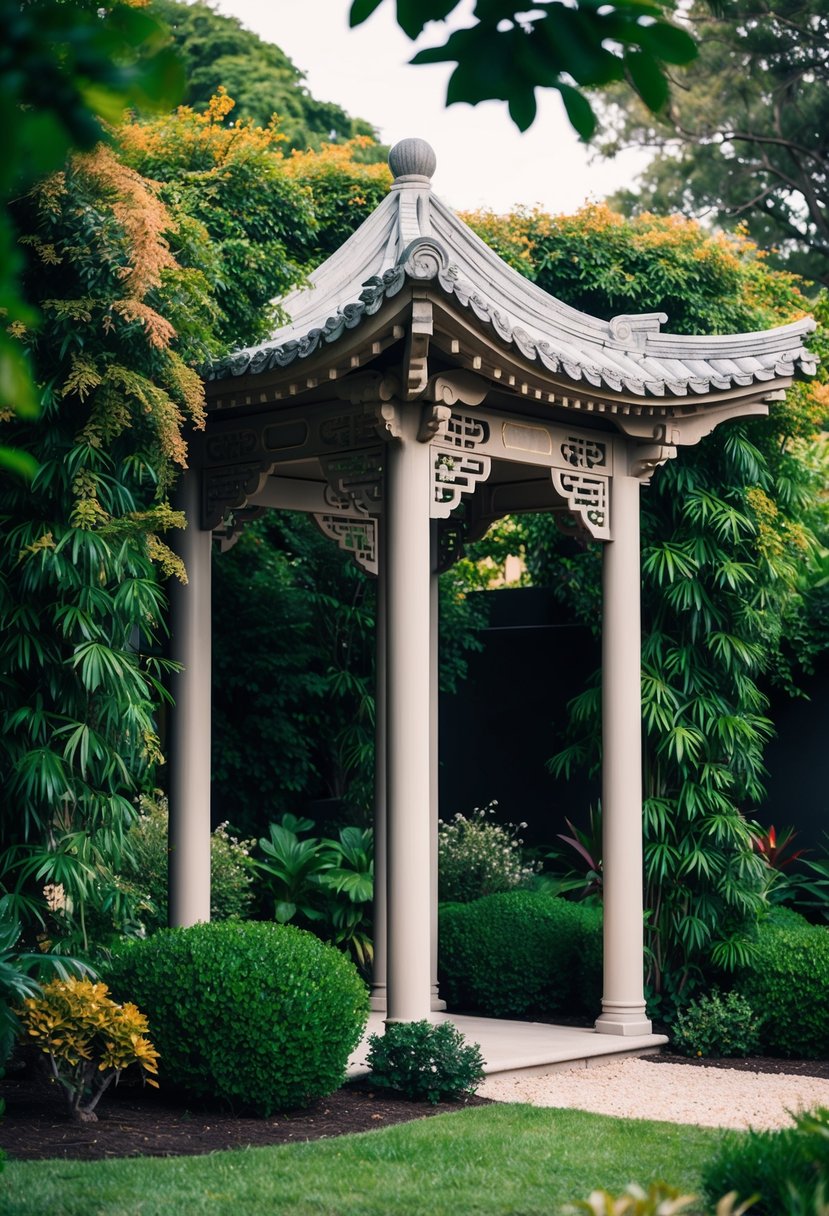 An elegant oriental-inspired pergola stands amidst a lush garden, adorned with intricate carvings and draped with vibrant foliage