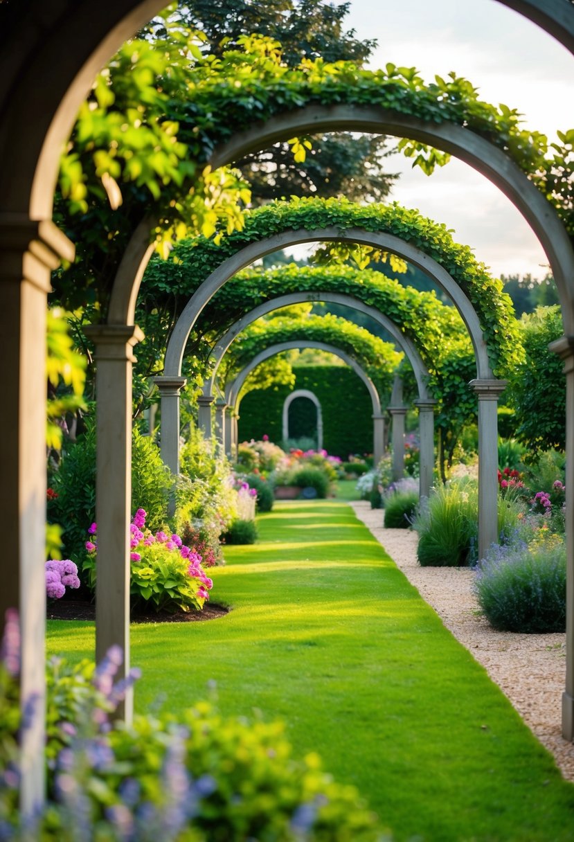 A lush garden with arched arbors leading to various secluded areas, each filled with vibrant flowers and greenery