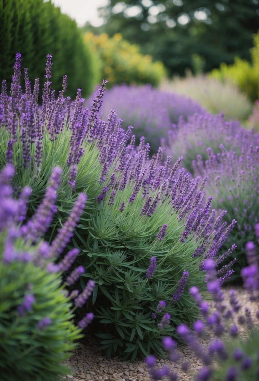 A serene garden filled with vibrant purple French lavender bushes, surrounded by lush greenery and a peaceful ambiance