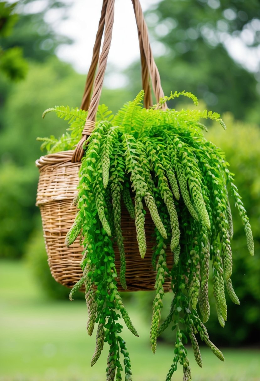 A lush asparagus fern hangs gracefully from a woven basket, its delicate fronds spilling over the edges in a cascade of vibrant green