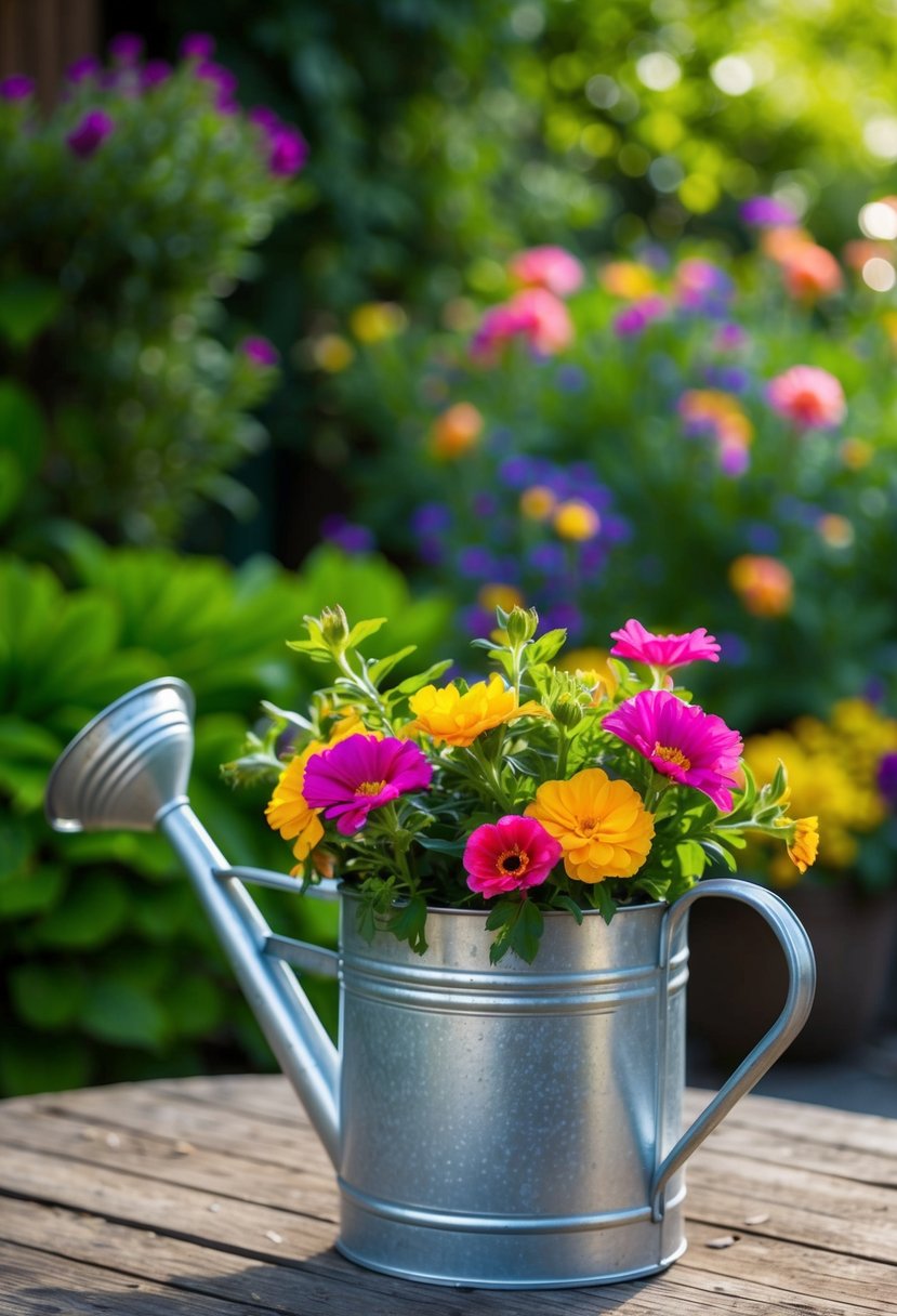 A galvanized watering can filled with vibrant flowers sits on a rustic wooden table in a lush garden setting