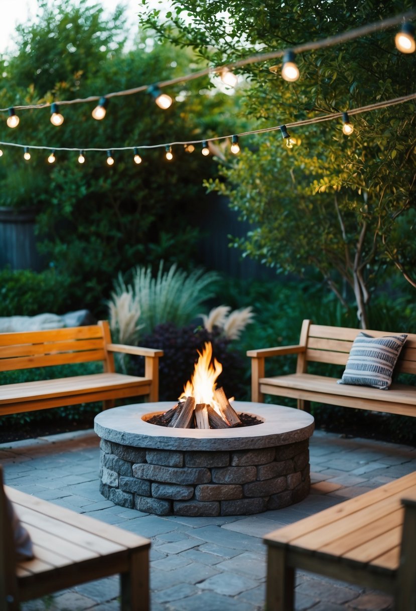 A cozy backyard with a stone fire pit surrounded by wooden benches, illuminated by soft string lights and surrounded by lush greenery