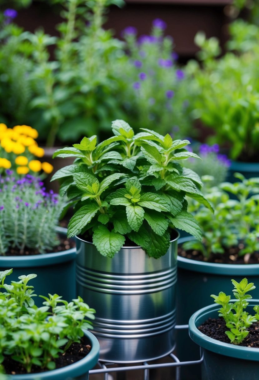A steel container holds vibrant peppermint surrounded by 31 herb gardens in containers