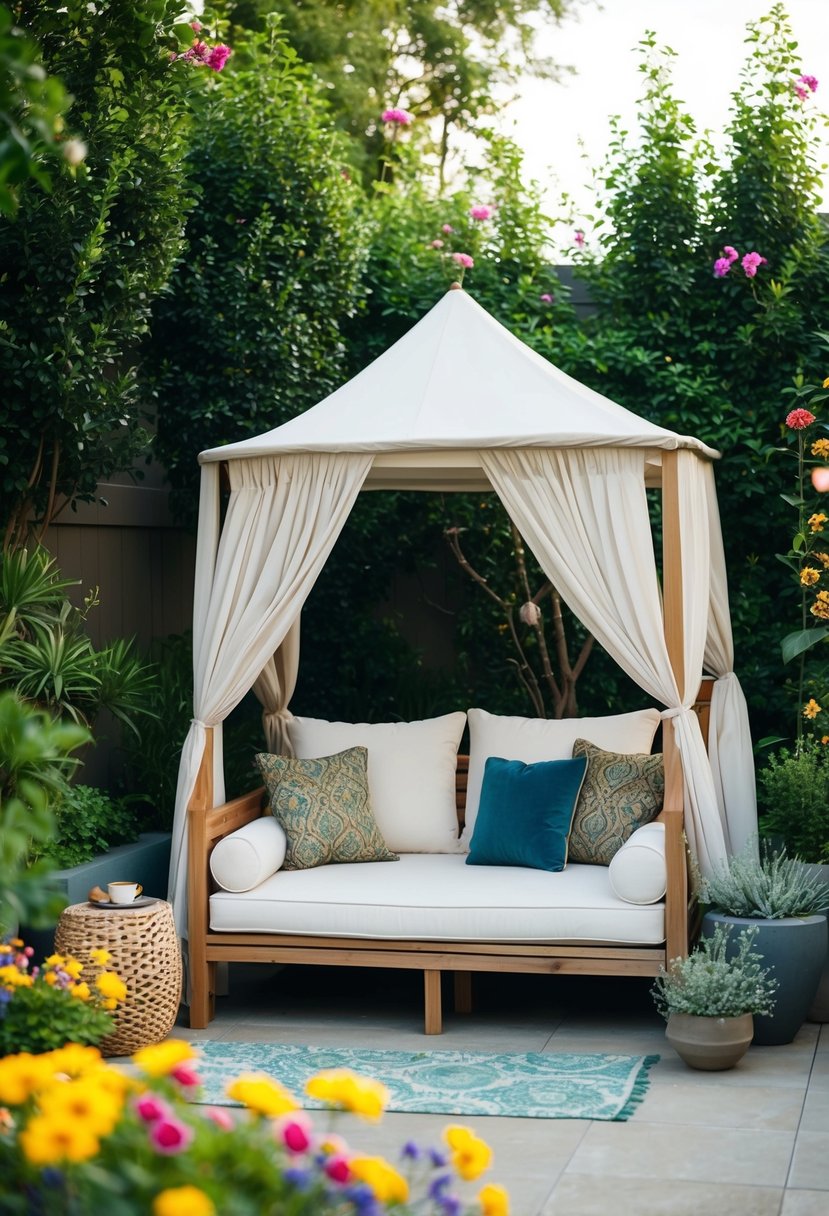 A cozy daybed with a canopy sits on a patio surrounded by lush greenery and colorful flowers, creating a tranquil and inviting outdoor seating area