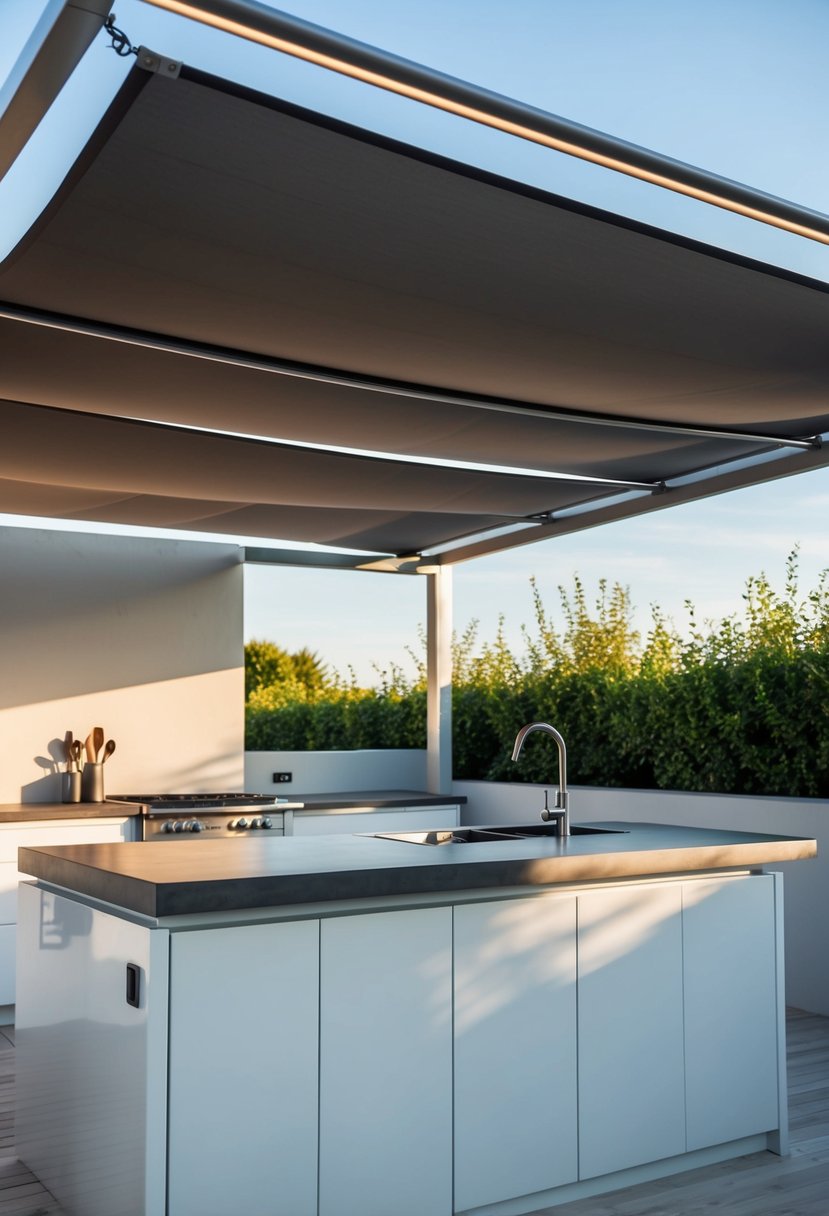 A sleek retractable pergola canopy shades a modern outdoor kitchen with minimalist design and sleek appliances