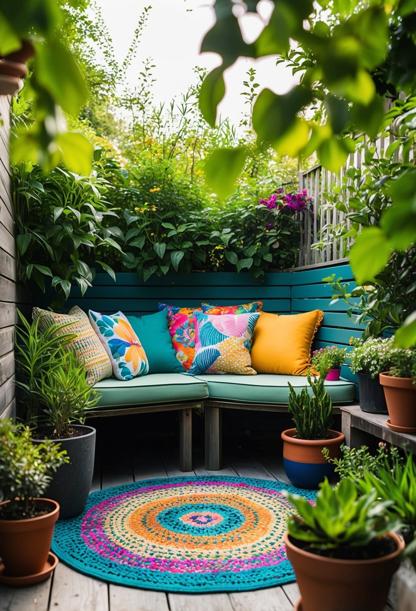 A cozy garden nook with a colorful outdoor rug in the corner, surrounded by lush greenery and potted plants