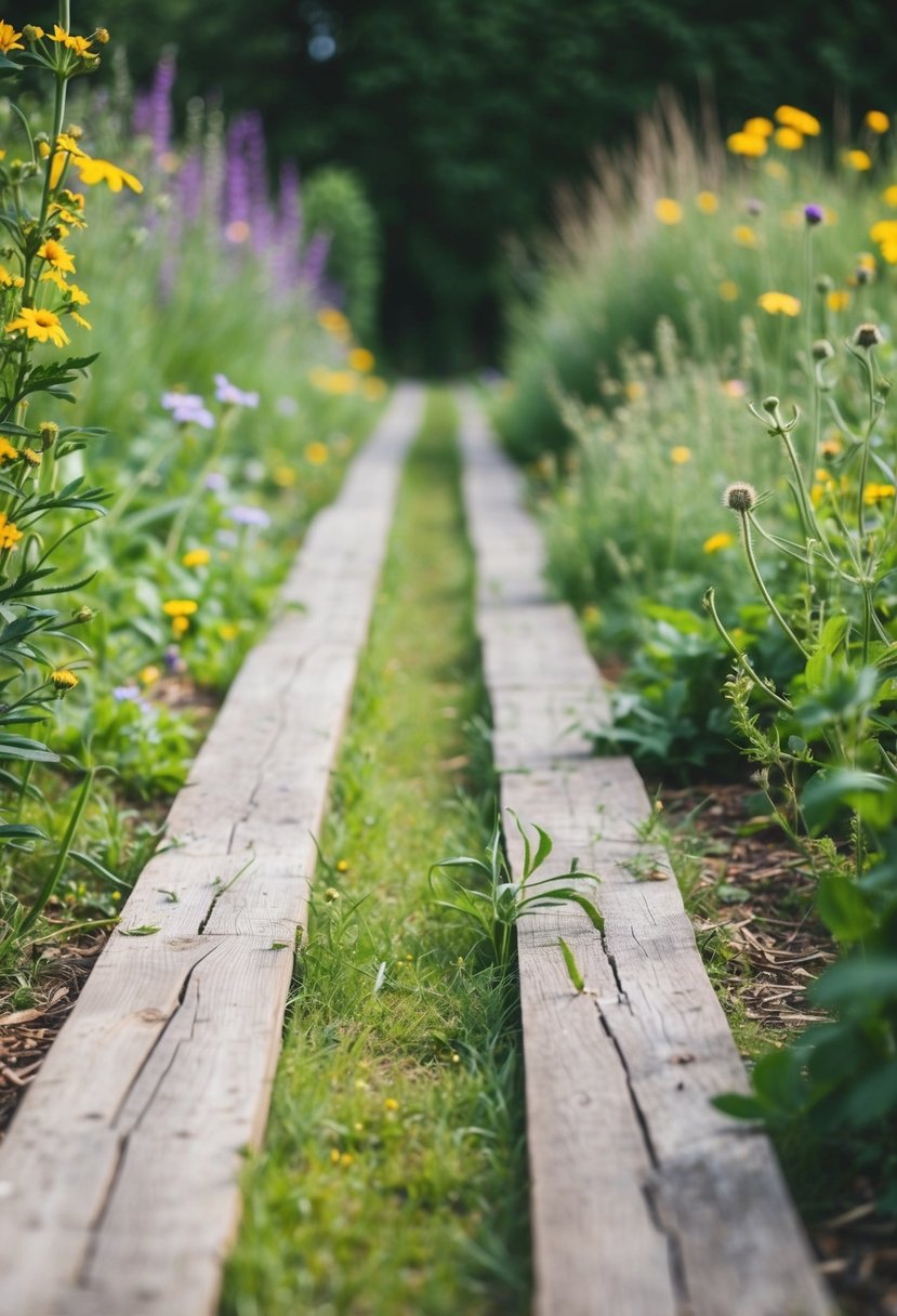 A garden path lined with weathered wooden sleepers and overgrown with wildflowers and greenery