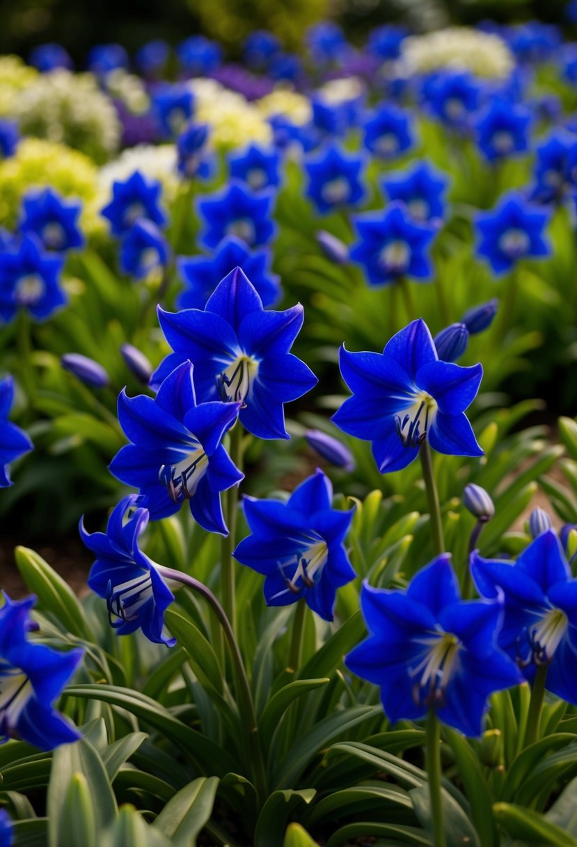 A lush garden filled with vibrant cobalt blue agapanthus in full bloom, creating a stunning display of color and natural beauty
