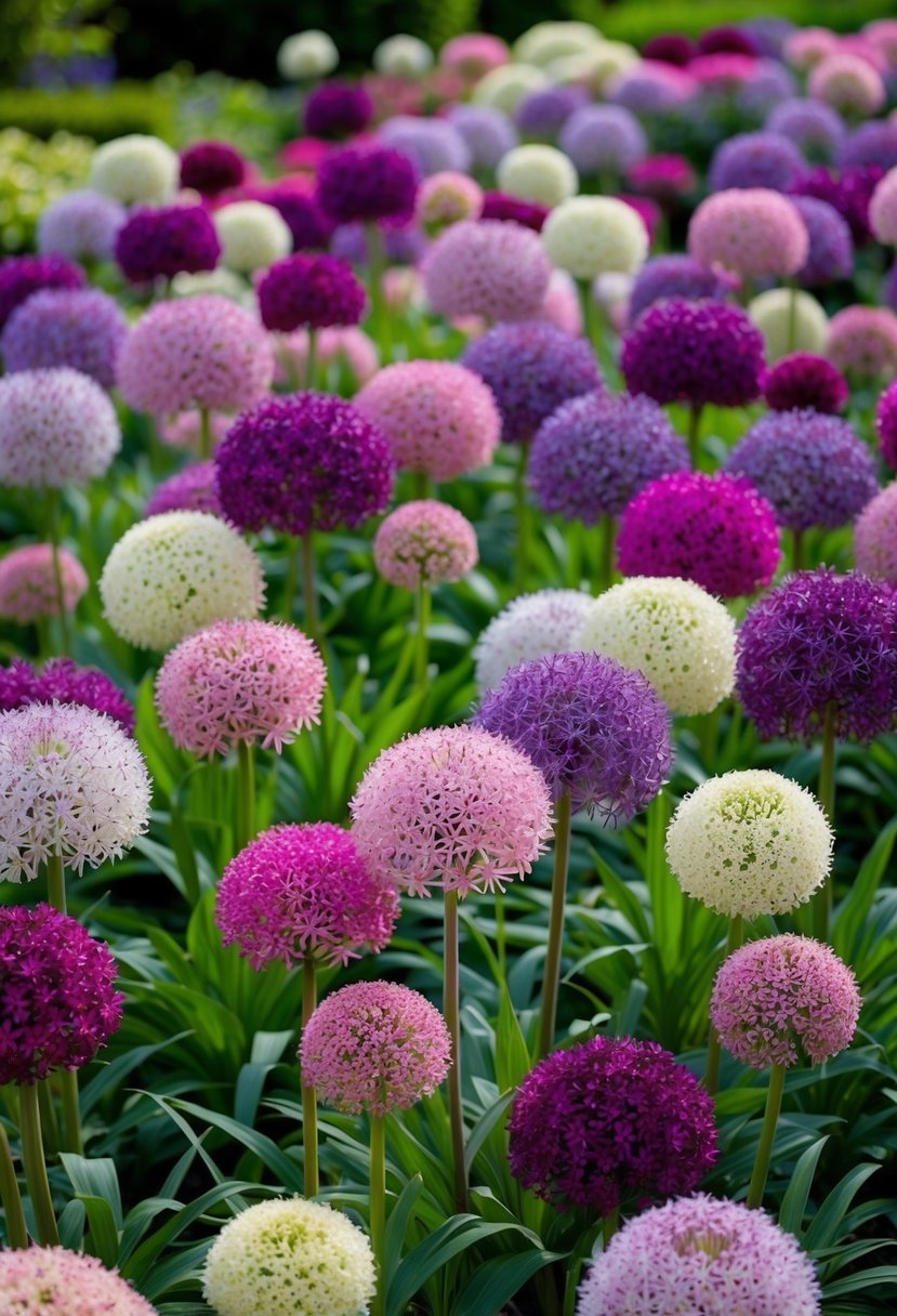 A lush garden filled with vibrant allium flowers in various shades of purple, pink, and white, creating a stunning display of color and texture