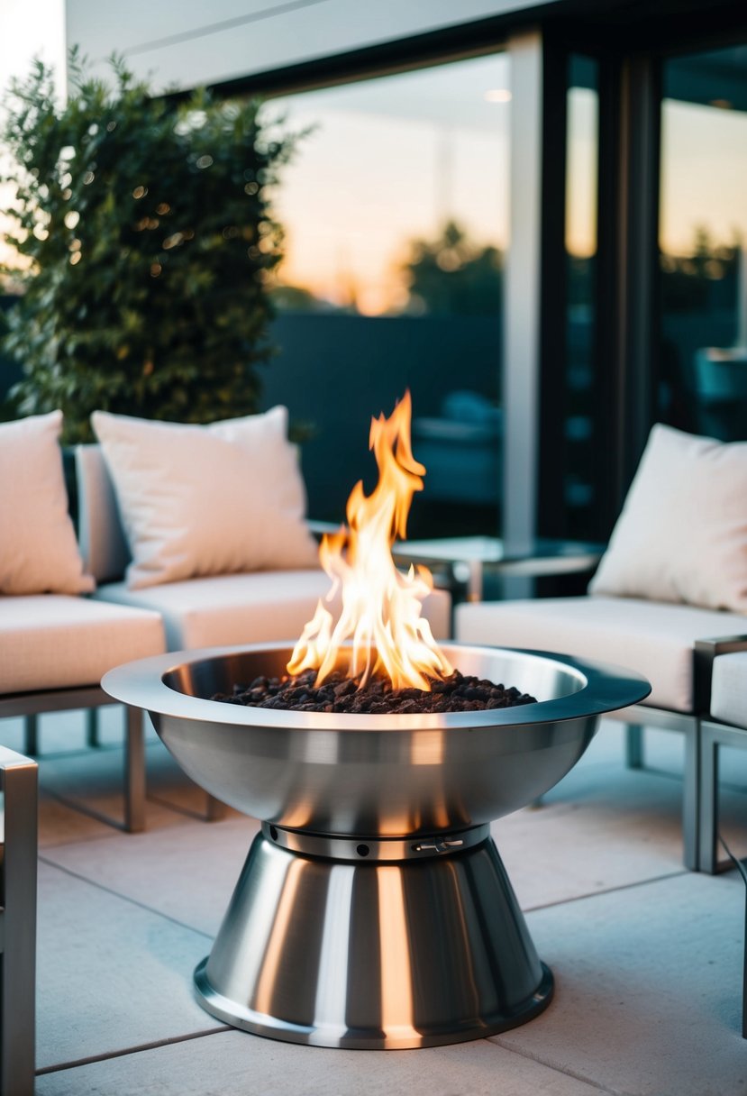 A stainless steel portable fire pit sits in a modern outdoor setting, surrounded by sleek furniture and clean lines