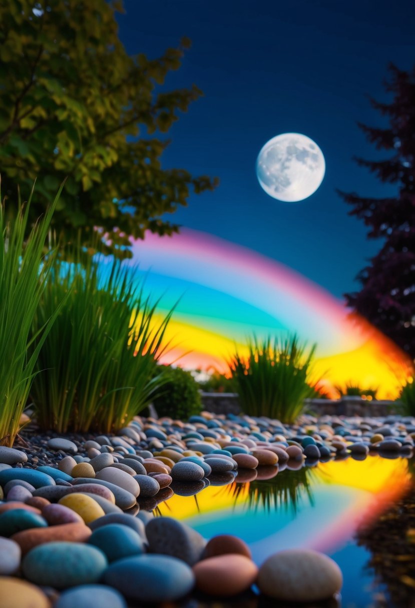 Colorful pebbles line a pond reflecting a vibrant rainbow in the moonlit garden