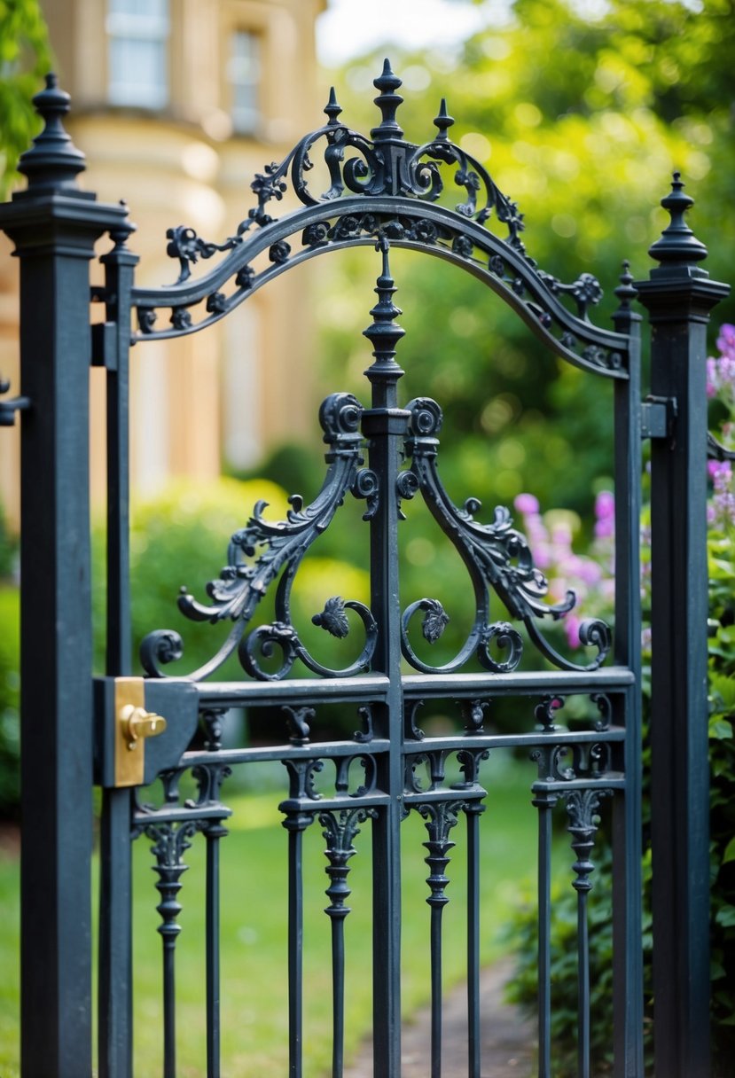 A Victorian cast iron gate stands adorned with intricate scrollwork and decorative elements, surrounded by a lush garden