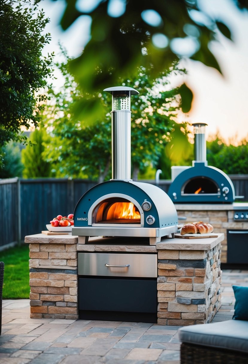 A backyard patio with a Mimiuo portable oven surrounded by 27 outdoor kitchens with pizza ovens