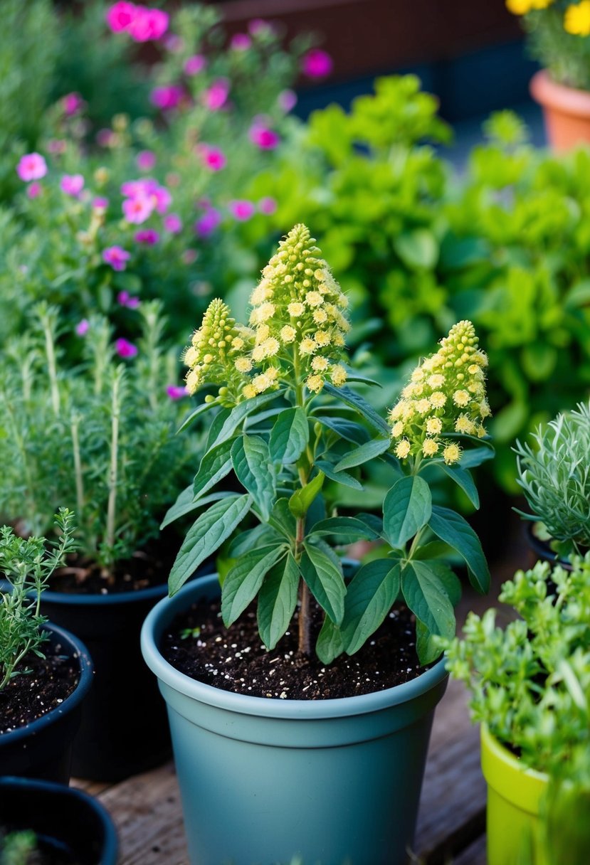 A vibrant St. John's Wort plant thrives in a flower pot among 30 other herbs in a container garden