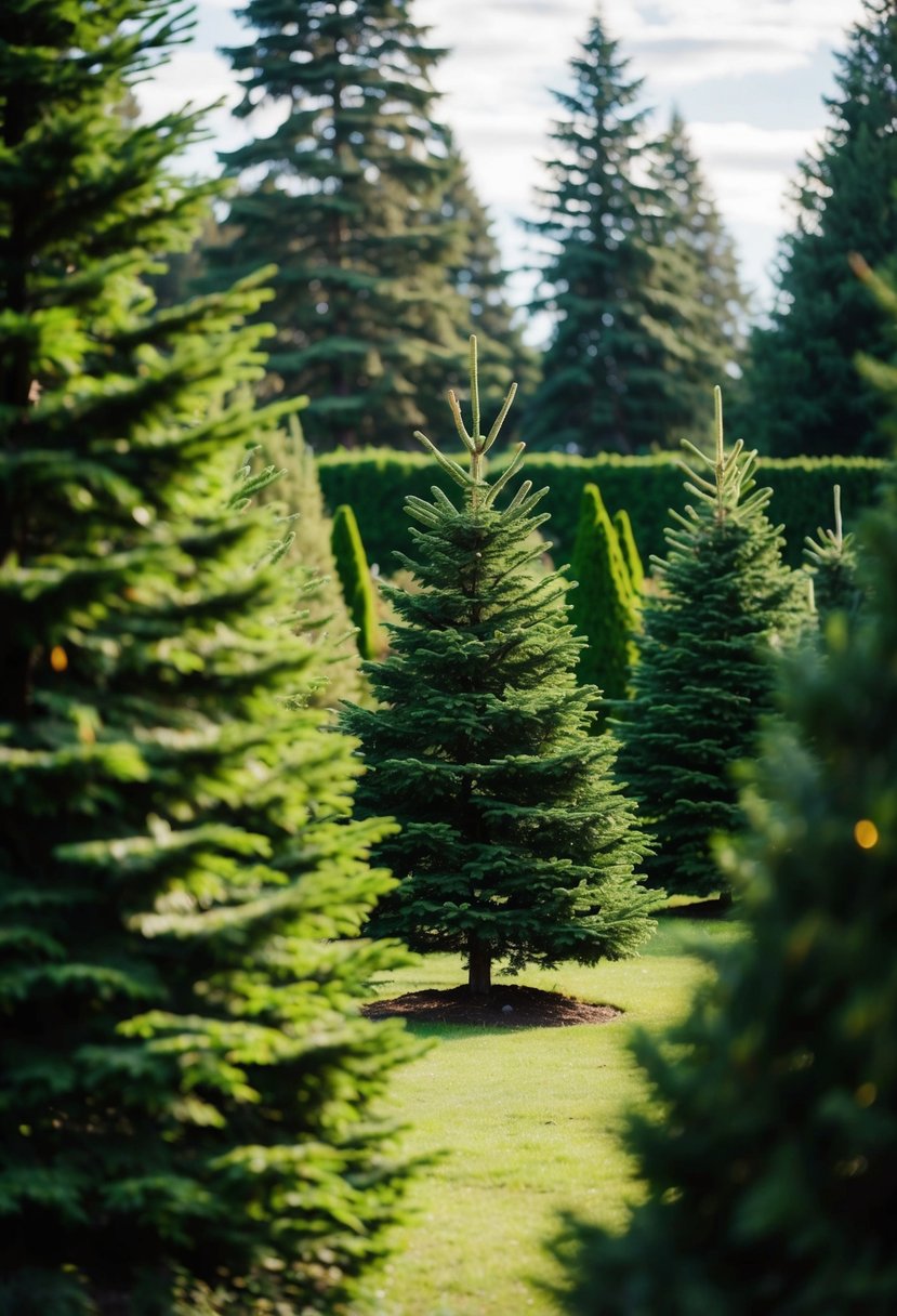 Lush garden with numerous fir trees, creating a serene and peaceful atmosphere