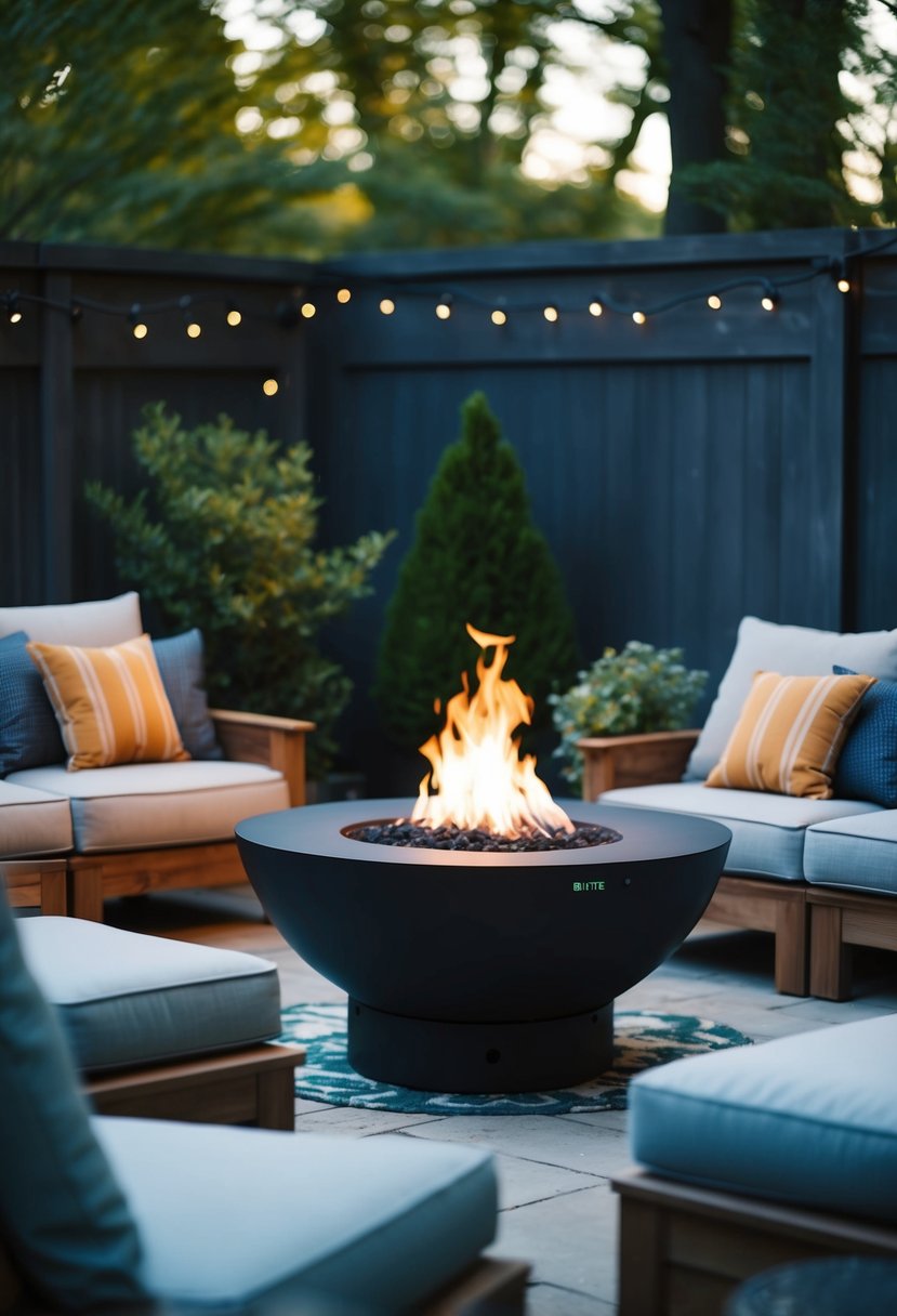 A cozy backyard patio with a BioLite FirePit+ as the focal point, surrounded by comfortable seating and soft outdoor lighting