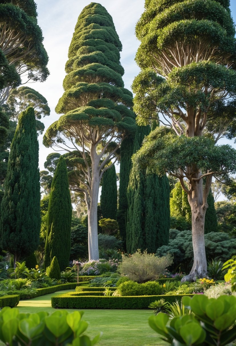 A peaceful garden filled with towering eucalyptus trees, creating a lush and serene environment