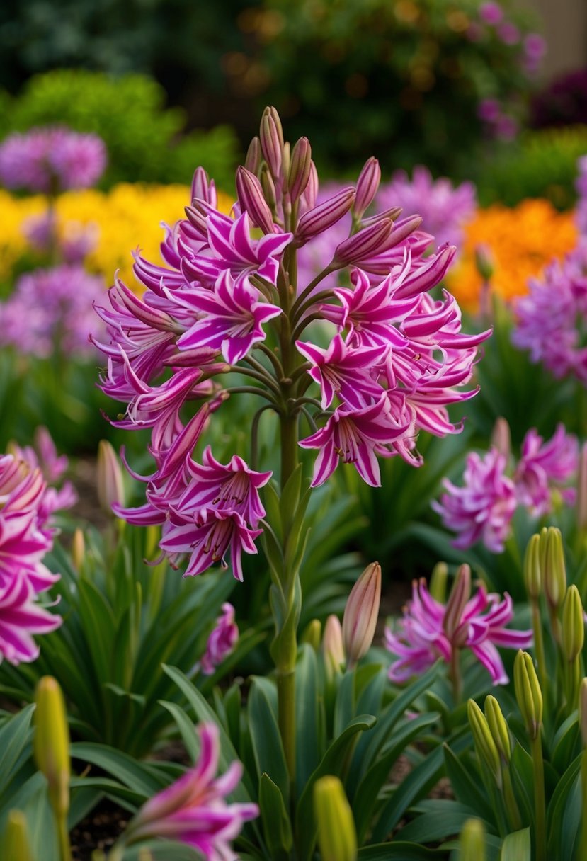 A lush garden filled with vibrant Agapanthus africanus flowers in full bloom, creating a stunning display of color and beauty