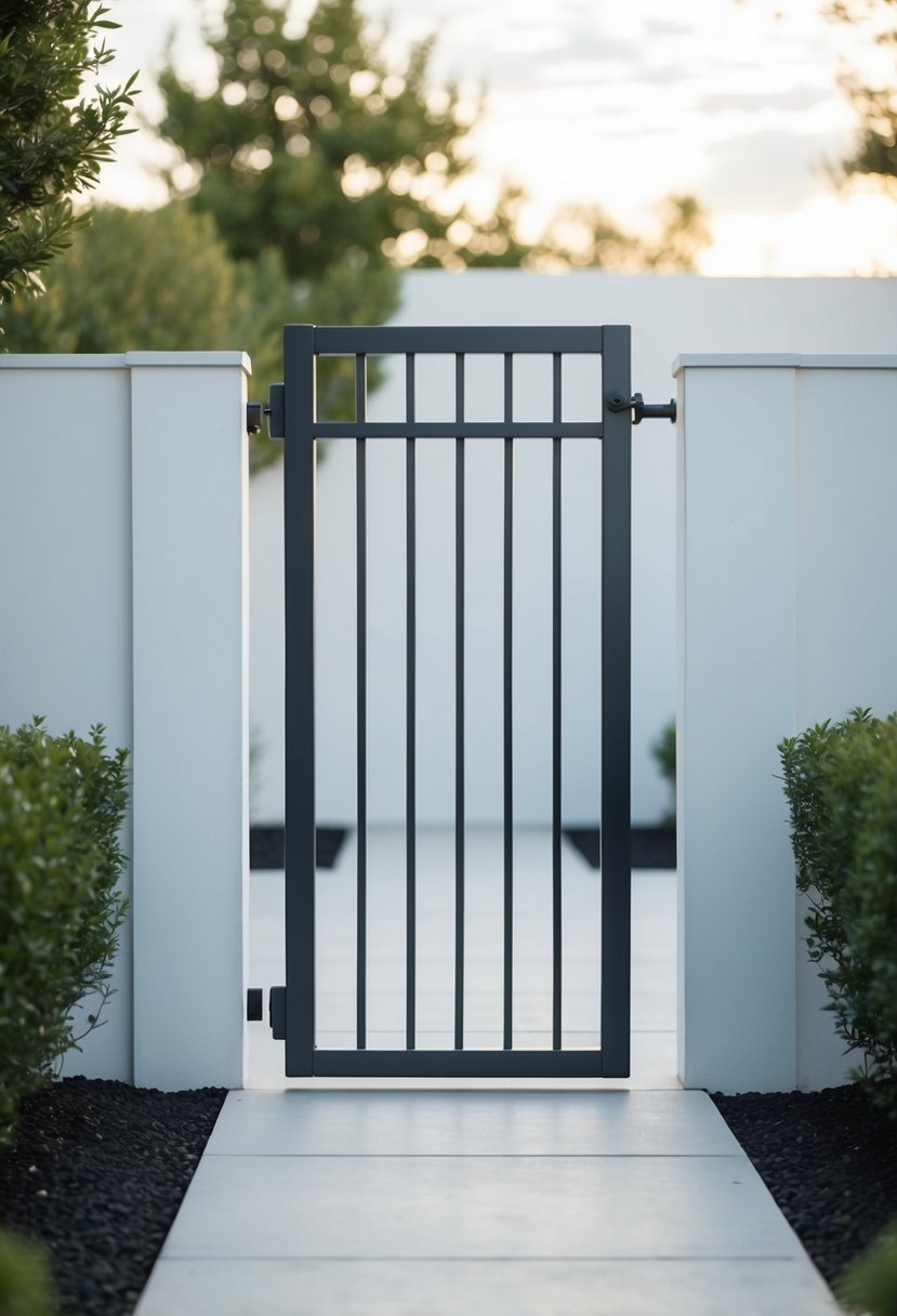 A sleek steel frame gate stands in a minimalist garden setting