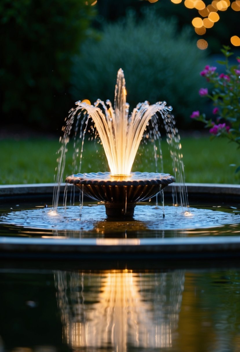 A tranquil garden pond with a fountain illuminated by an LED underwater spotlight