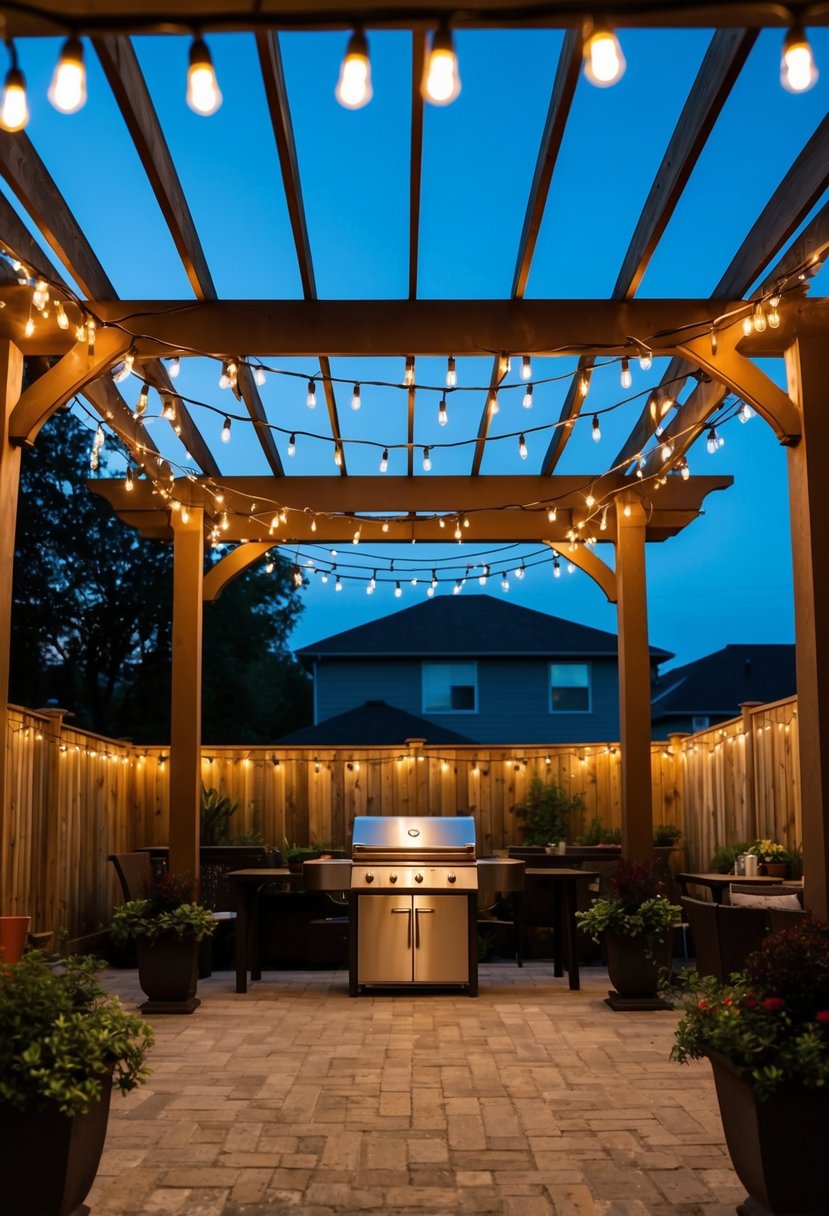 A pergola adorned with string lights illuminates a cozy patio BBQ area
