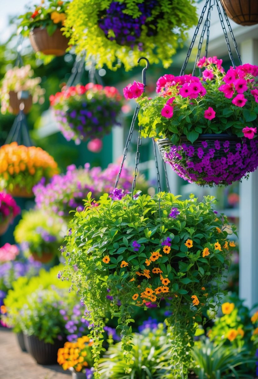 Vibrant hanging baskets overflow with a variety of lush greenery and colorful blooms, creating a lively and inviting garden display