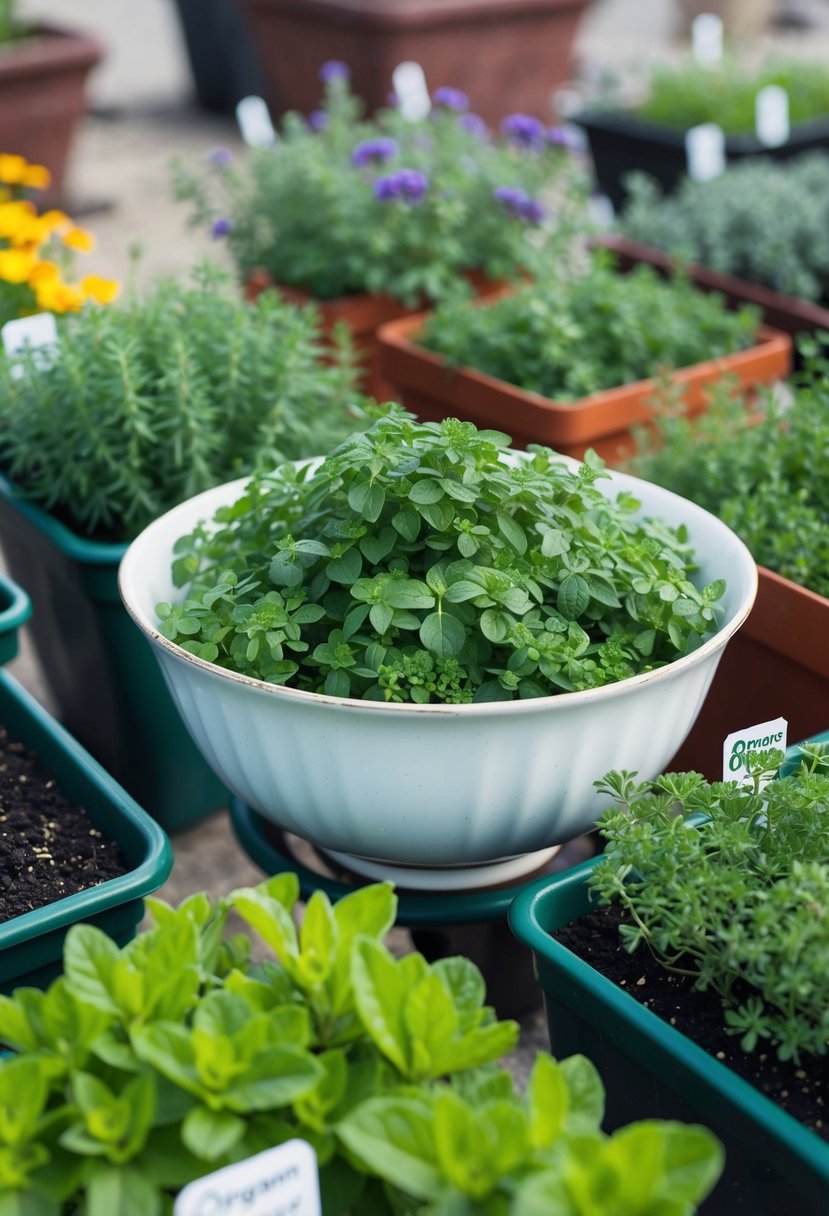 A vintage bowl filled with oregano sits among 30 other herb gardens in containers