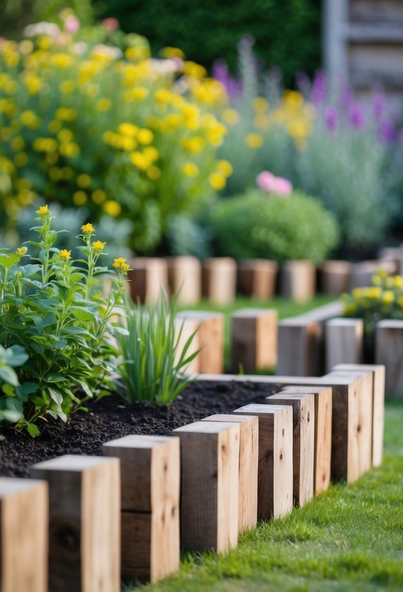 A garden with 35 rustic timber borders made of sleepers, creating a charming and natural boundary for the garden beds