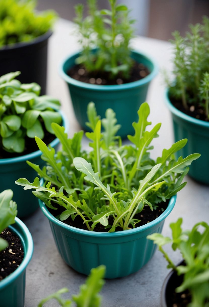 Fresh arugula growing in a shallow dish, surrounded by 31 herb gardens in containers