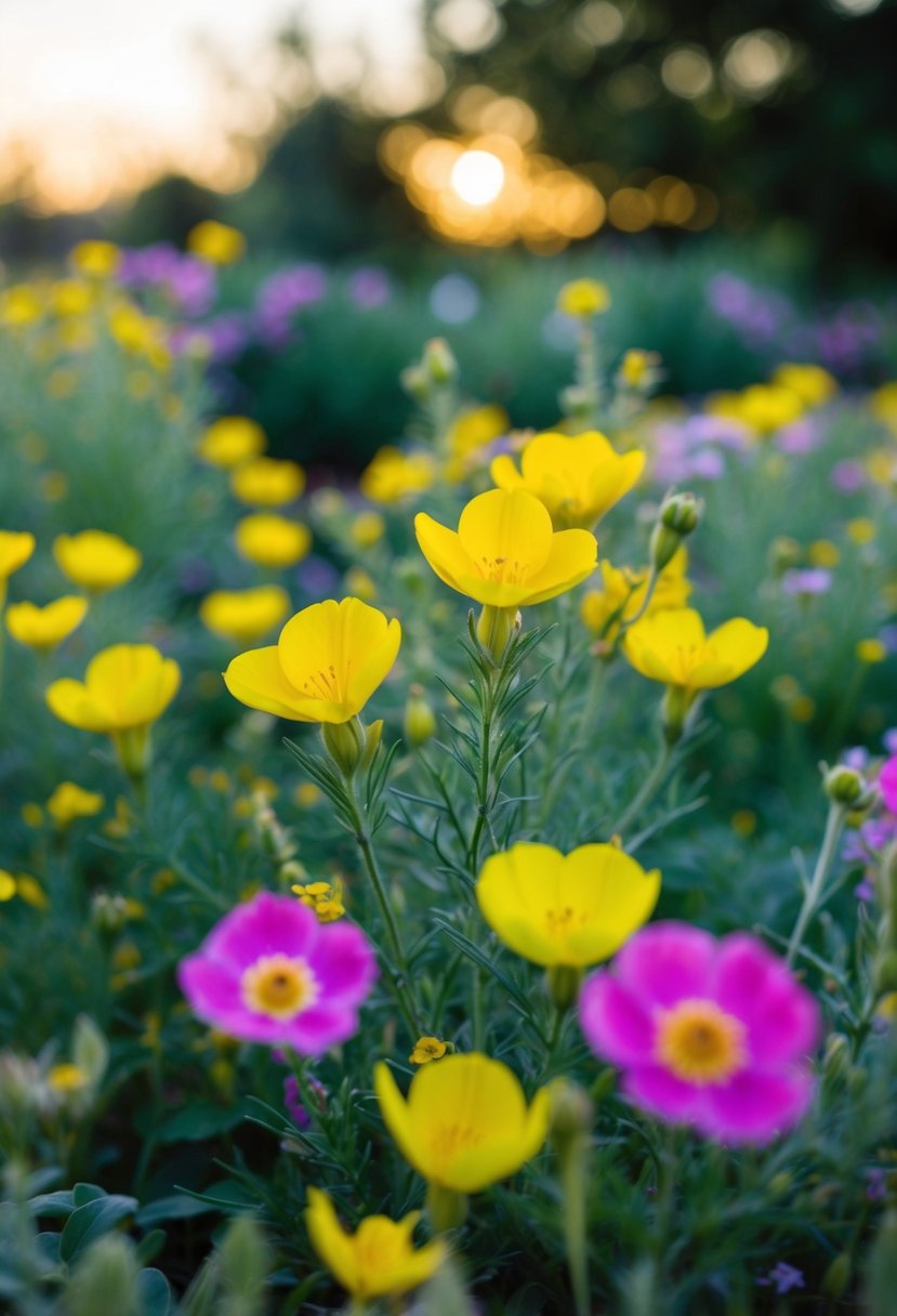 A vibrant garden of evening primrose and wild flowers in the soft evening light