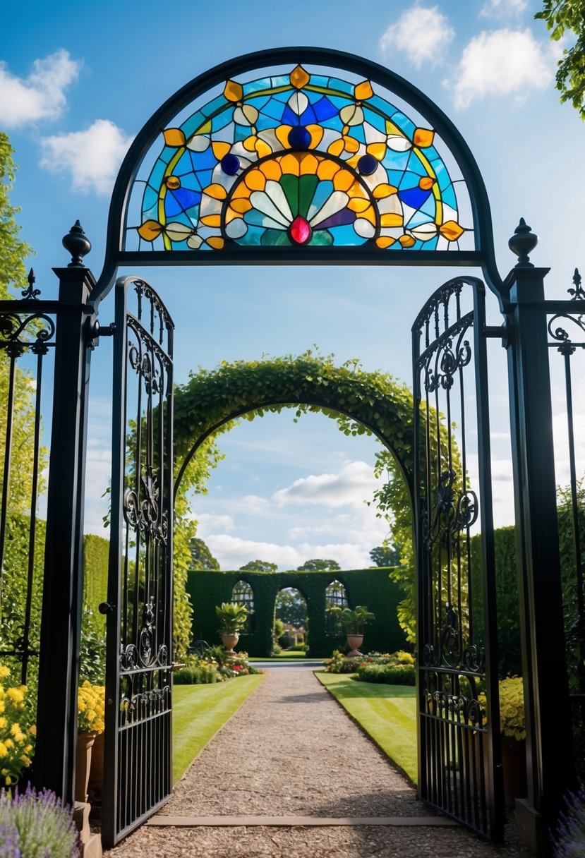 A grand garden entrance with a wrought iron gate featuring a colorful stained glass window design