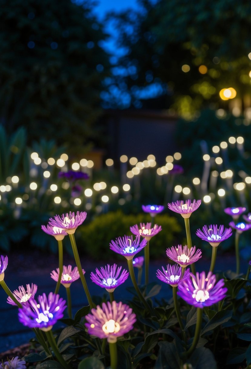 A garden at night, illuminated by fiber optic flower lights, creating a magical and enchanting atmosphere