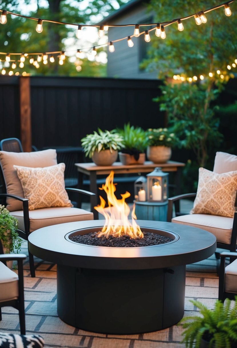 A cozy outdoor fire pit table surrounded by patio decor, including chairs, plants, and string lights