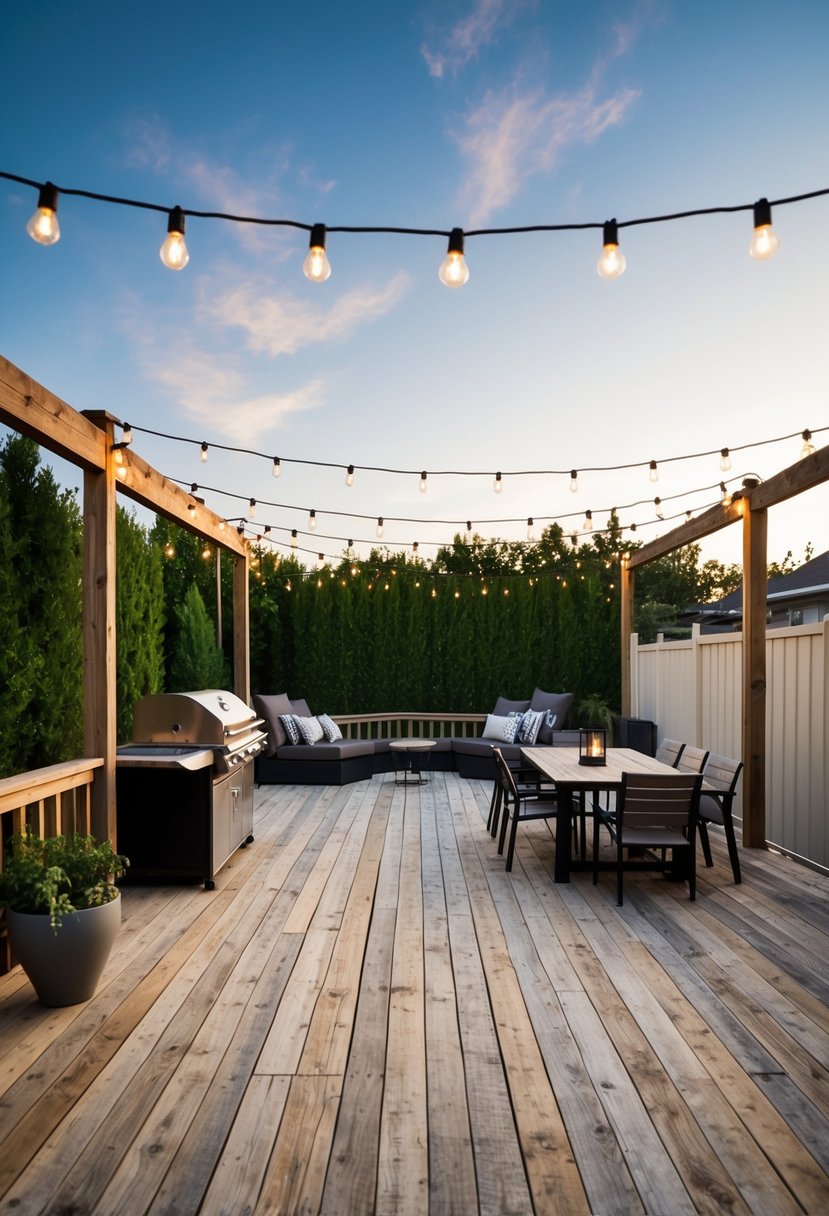 A spacious outdoor deck made of weathered reclaimed wood features a built-in BBQ area with ample seating and string lights overhead