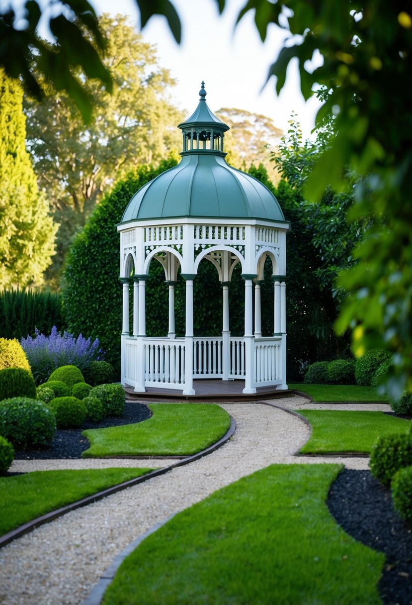 A Victorian gazebo with arched entrances sits in a lush garden with 32 arched pathways