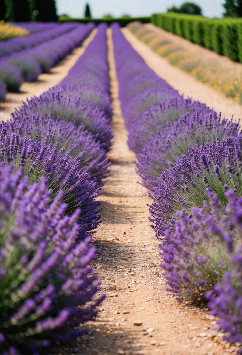 A winding path through a garden of vibrant lavender, with rows of fragrant purple flowers stretching into the distance