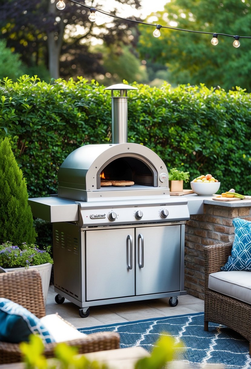 A backyard patio with a Cuisinart CPO-600 27 Outdoor Kitchen featuring a pizza oven, surrounded by lush greenery and comfortable outdoor seating