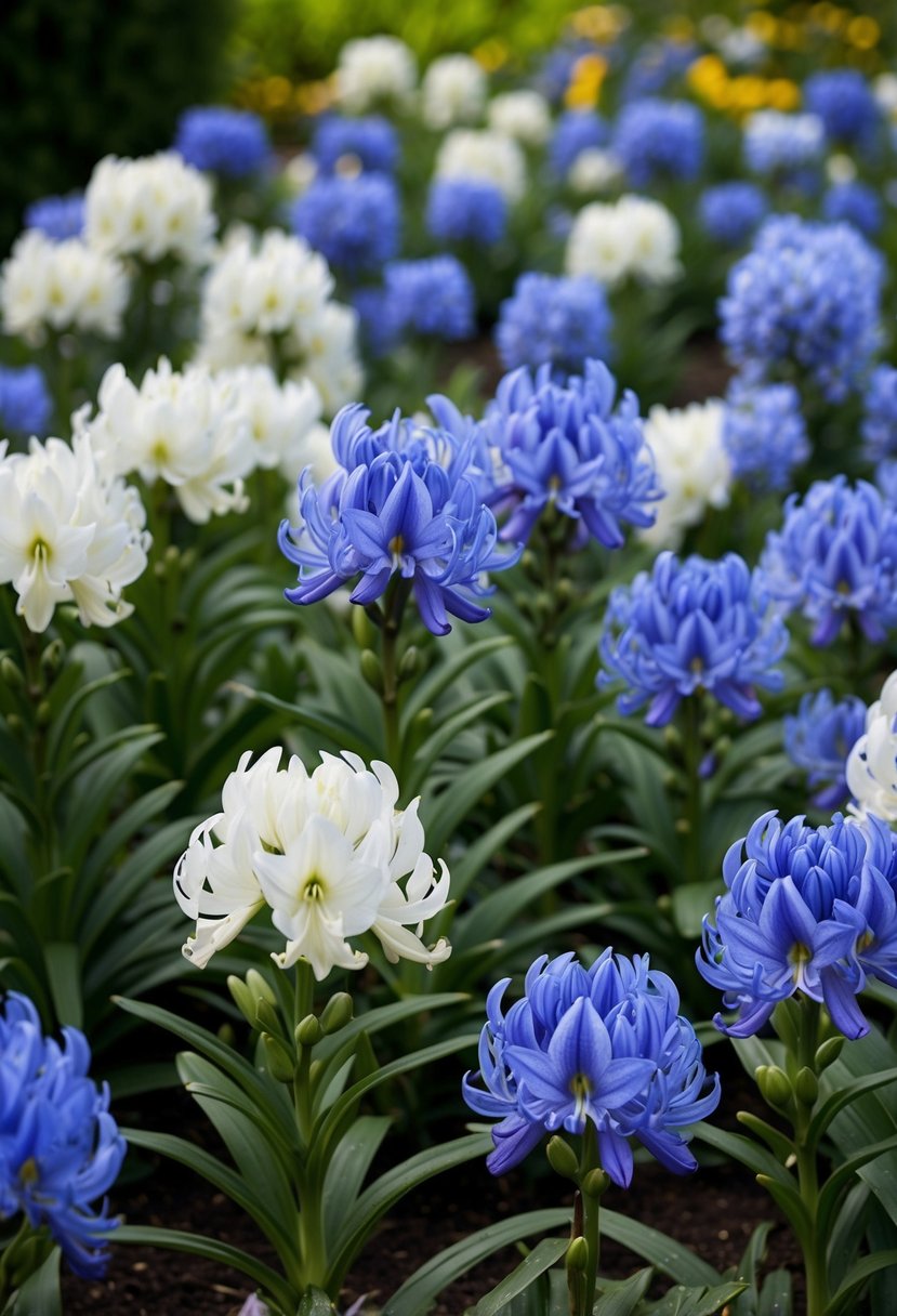 A lush garden filled with blooming Agapanthus 'Ever Sapphire' plants in various shades of blue, creating a beautiful and serene atmosphere