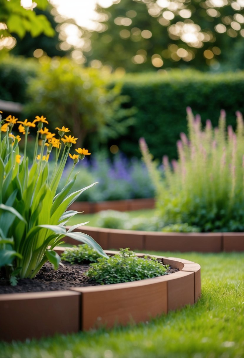 A garden with 35 terra brown sleepers forming borders and pathways